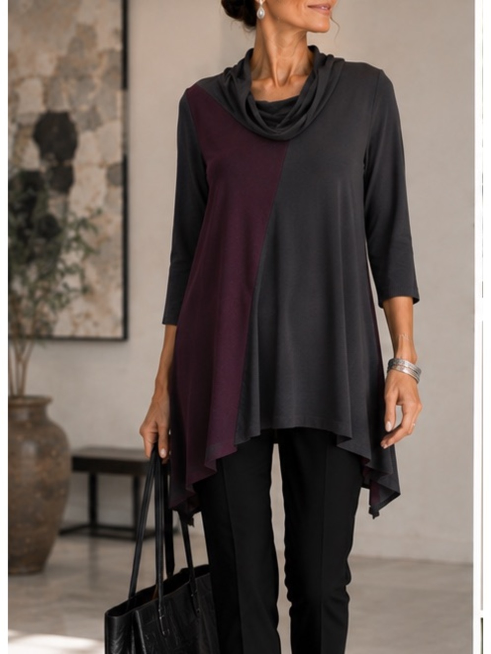 Sun Kim USA Charcoal Gray Plum Colorblock 3/4 Sleeve Asymmetrical Cowl Tunic S - Picture 10 of 10
